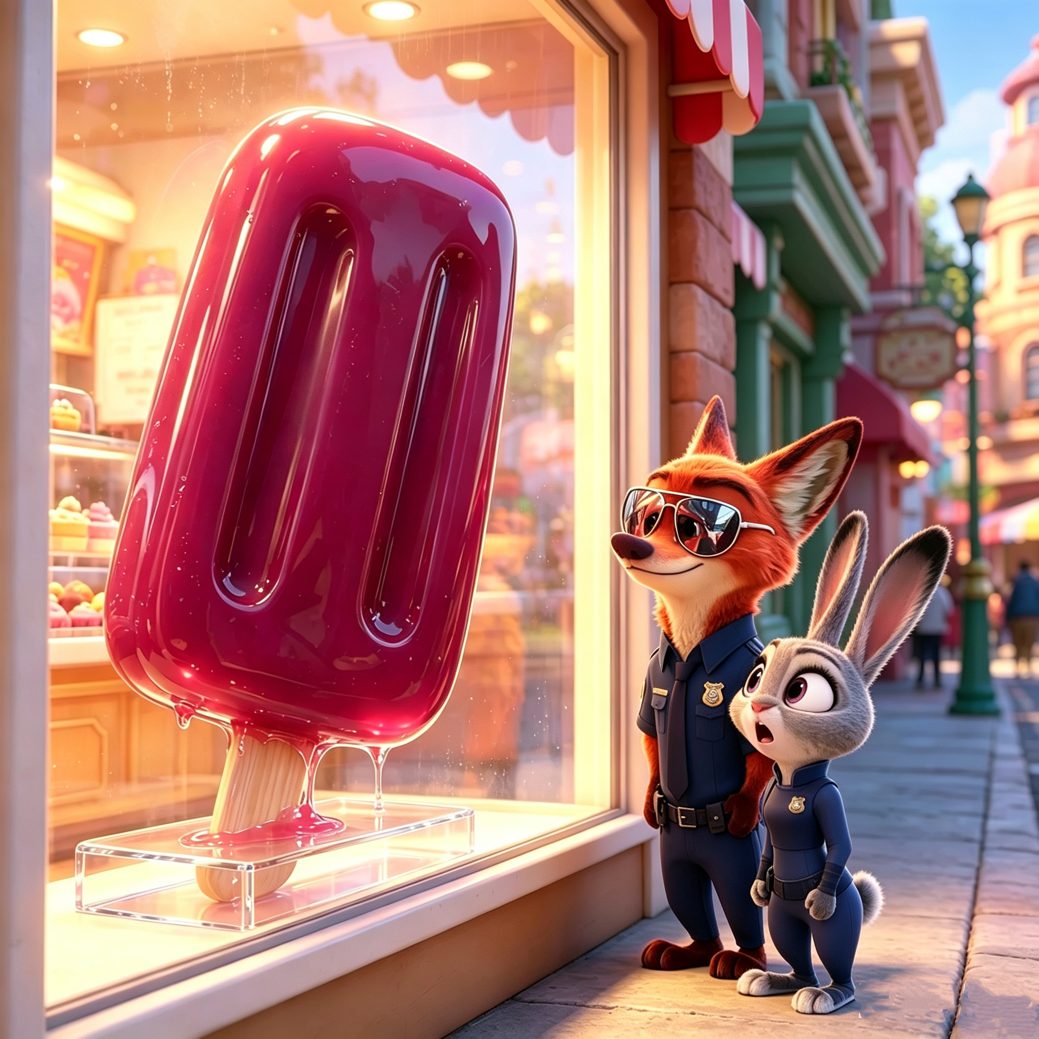 Nick and Judy looking at a giant pawpsicle