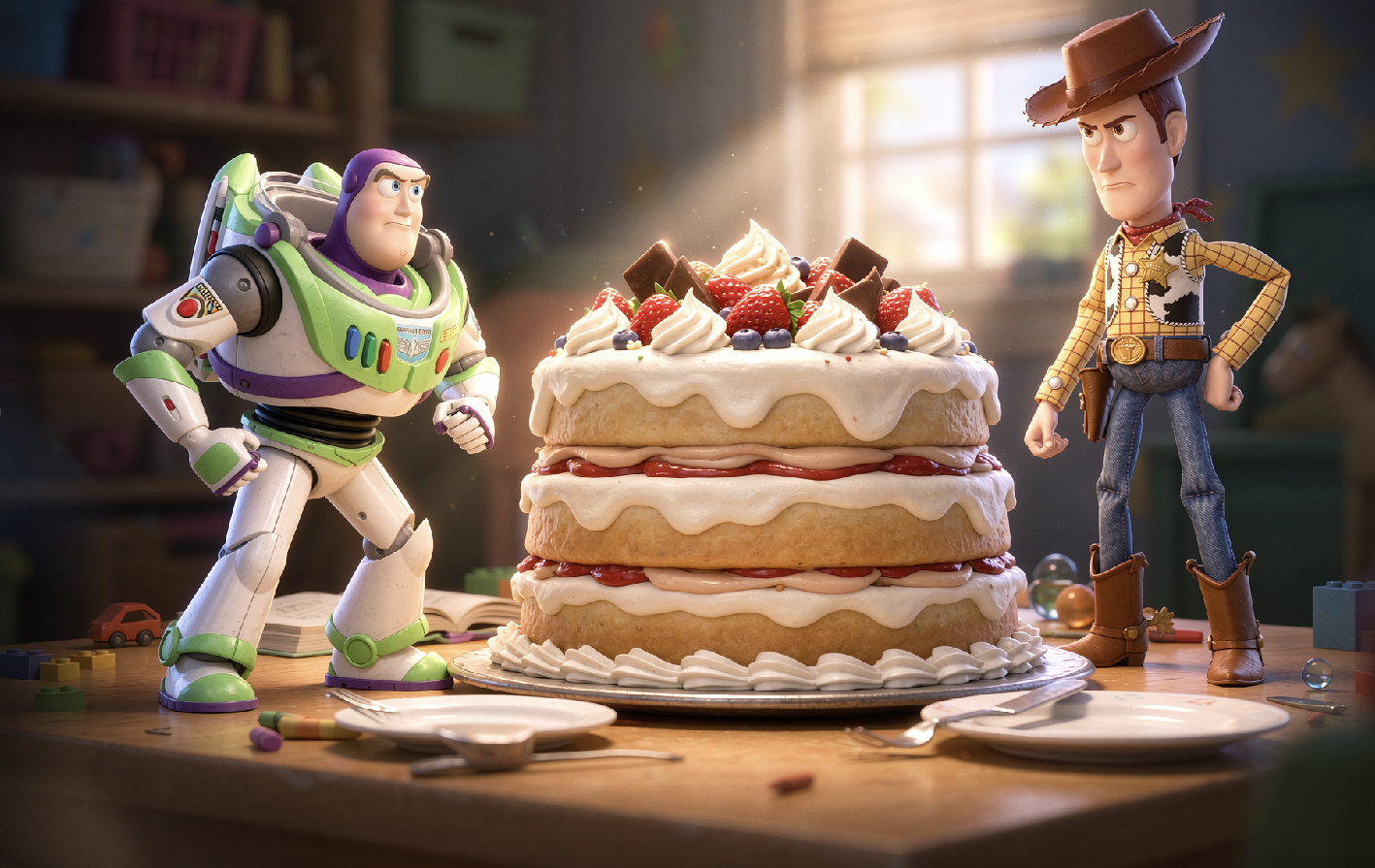 Buzz Lightyear and Woody with a cake